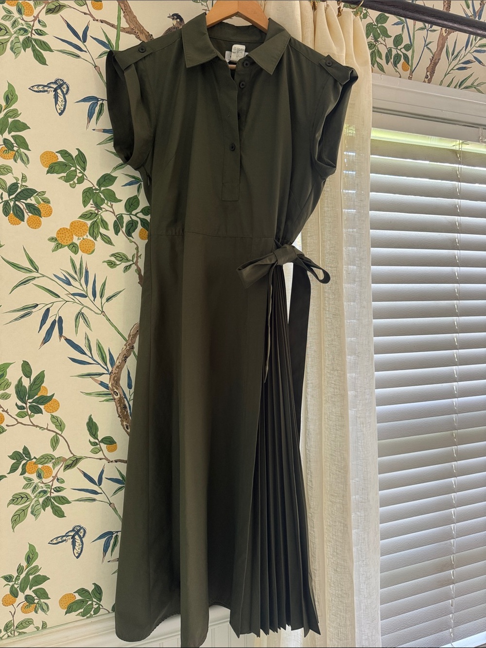 Tanya Taylor Army Green shivonley shirt Dress with Pleated Side Tie size 8